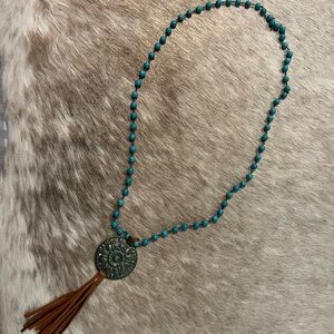 Turquoise Beaded Necklace with Brown Tassel